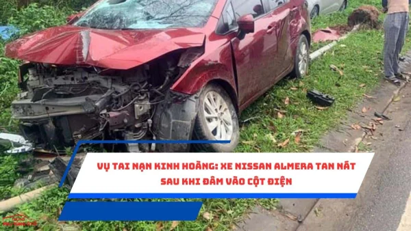 Vụ tai nạn kinh hoàng: Xe Nissan Almera tan nát sau khi đâm vào cột điện