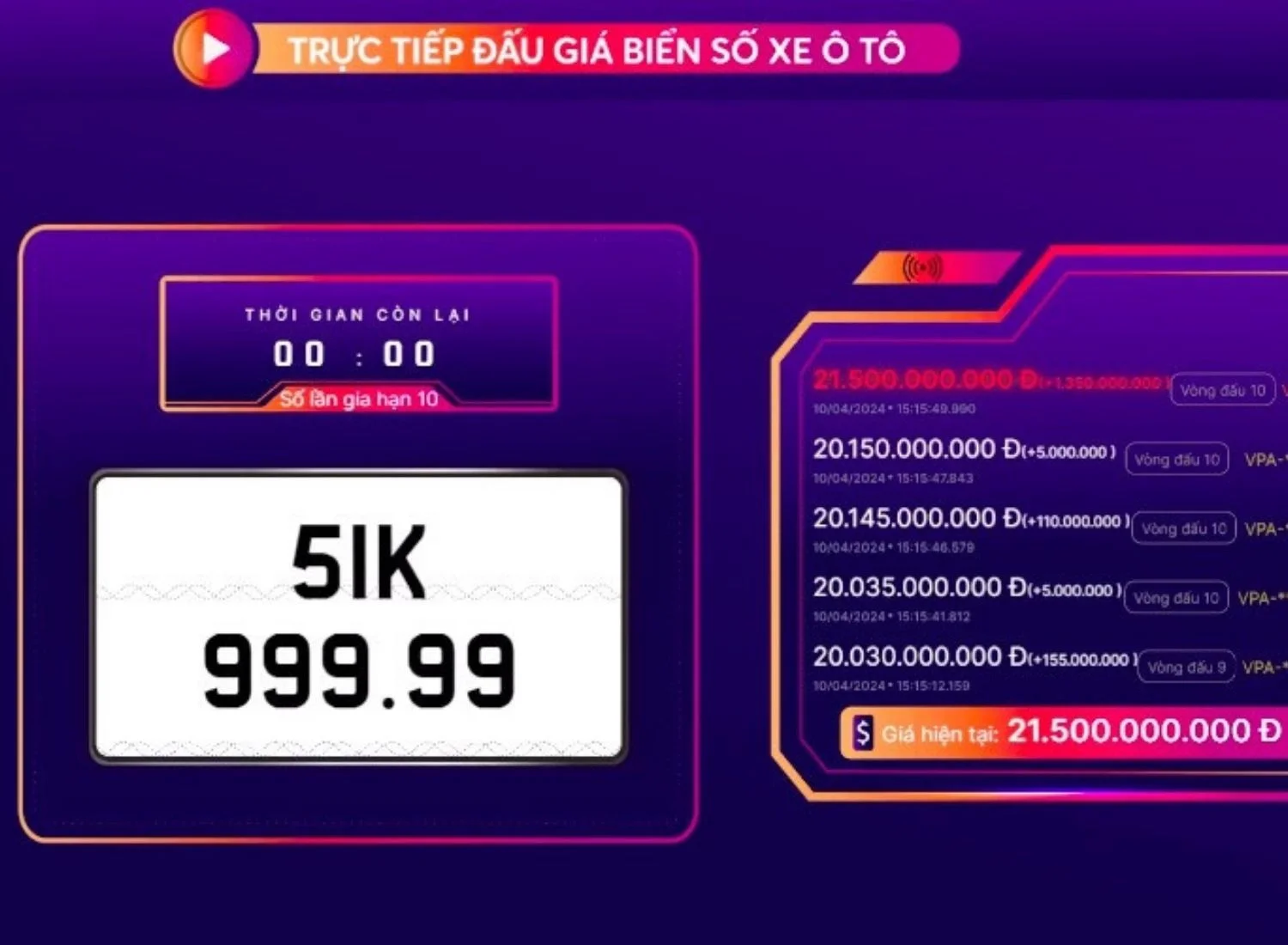 Biển 51K-999.99 (TP. HCM): 21,5 tỷ đồng