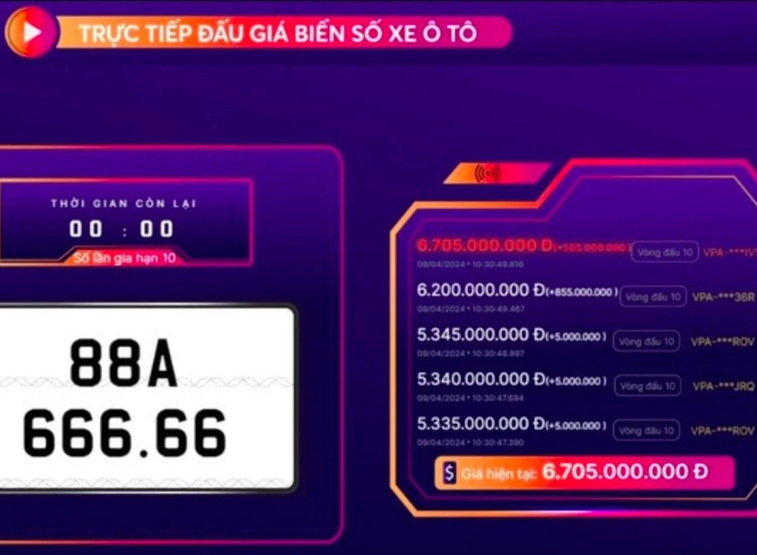 Biển 88A-666.66 (Vĩnh Phúc): 6,705 tỷ đồng